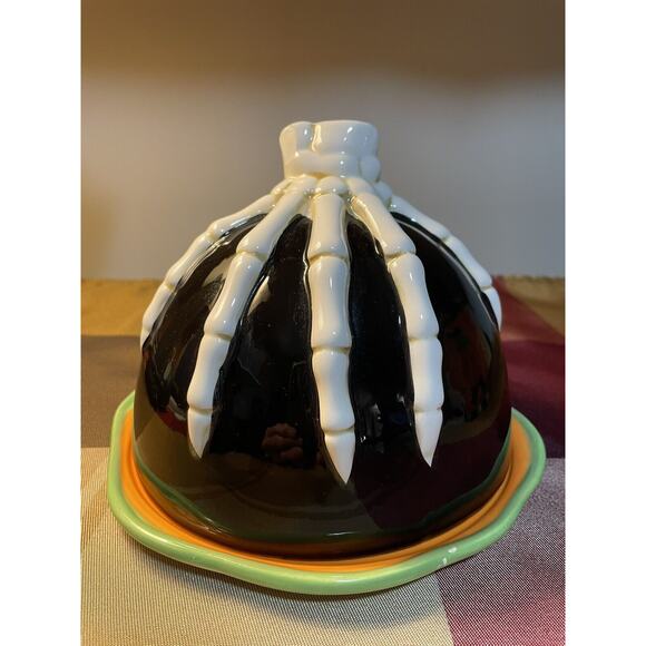Halloween Ceramic Black & Orange Skeleton Hand Covered Serving Plate, Read All - Picture 1 of 10
